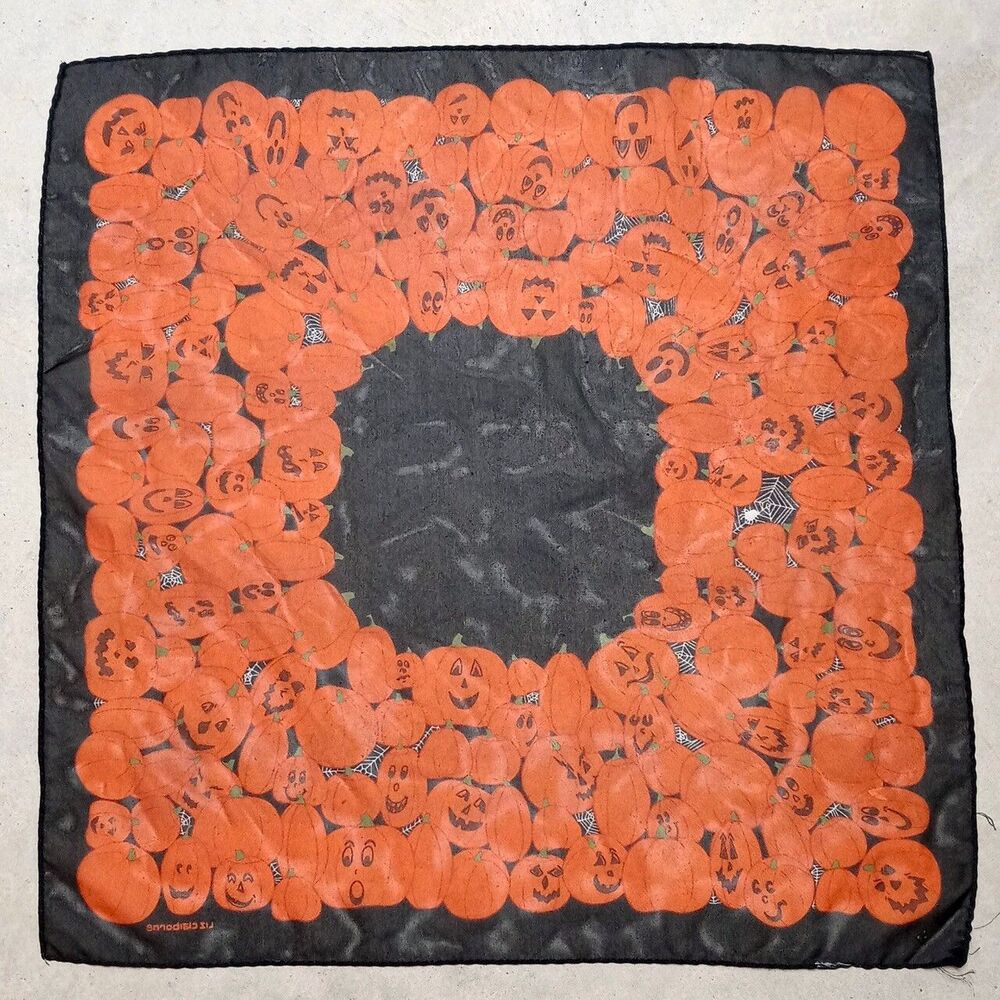 Vintage Liz Claiborne Halloween Jack-o-Lantern Pumpkins 20" x 20" Sheer Scarf - Picture 4 of 6